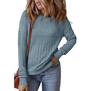 imageSHEWIN Sweaters for Women Casual Crew Neck Long Sleeve Crochet Pullover Tops SweaterDusk Blue