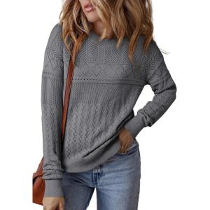 imageSHEWIN Sweaters for Women Casual Crew Neck Long Sleeve Crochet Pullover Tops SweaterGray