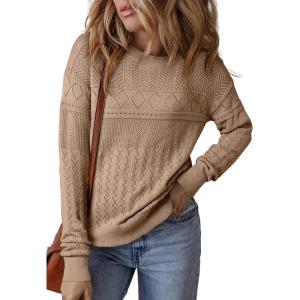 imageSHEWIN Sweaters for Women Casual Crew Neck Long Sleeve Crochet Pullover Tops SweaterLight Beige