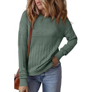 imageSHEWIN Sweaters for Women Casual Crew Neck Long Sleeve Crochet Pullover Tops SweaterMist Green