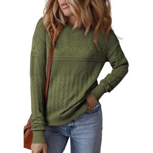 imageSHEWIN Sweaters for Women Casual Crew Neck Long Sleeve Crochet Pullover Tops SweaterMoss Green