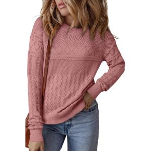 imageSHEWIN Sweaters for Women Casual Crew Neck Long Sleeve Crochet Pullover Tops SweaterPeach Blossom