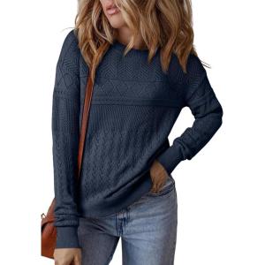 imageSHEWIN Sweaters for Women Casual Crew Neck Long Sleeve Crochet Pullover Tops SweaterSail Blue