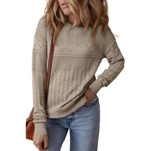 imageSHEWIN Sweaters for Women Casual Crew Neck Long Sleeve Crochet Pullover Tops SweaterSmoke Gray