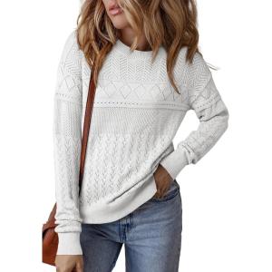 imageSHEWIN Sweaters for Women Casual Crew Neck Long Sleeve Crochet Pullover Tops SweaterWhite