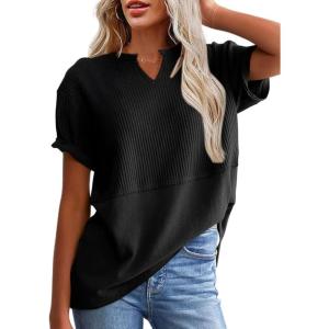 imageSHEWIN Womens Casual V Neck Waffle Knit Tops Short Sleeve T Shirts Loose BlousesB Black