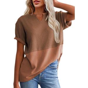 imageSHEWIN Womens Casual V Neck Waffle Knit Tops Short Sleeve T Shirts Loose BlousesB Brown