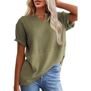 imageSHEWIN Womens Casual V Neck Waffle Knit Tops Short Sleeve T Shirts Loose BlousesB Green