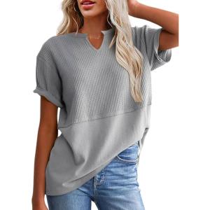 imageSHEWIN Womens Casual V Neck Waffle Knit Tops Short Sleeve T Shirts Loose BlousesB Grey