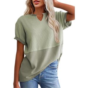 imageSHEWIN Womens Casual V Neck Waffle Knit Tops Short Sleeve T Shirts Loose BlousesB Light Green