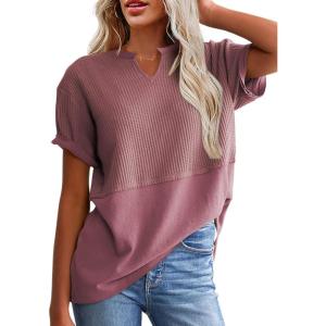 imageSHEWIN Womens Casual V Neck Waffle Knit Tops Short Sleeve T Shirts Loose BlousesB Light Purple