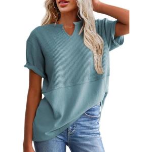imageSHEWIN Womens Casual V Neck Waffle Knit Tops Short Sleeve T Shirts Loose BlousesB Mint Blue