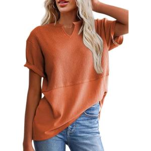 imageSHEWIN Womens Casual V Neck Waffle Knit Tops Short Sleeve T Shirts Loose BlousesB Orange
