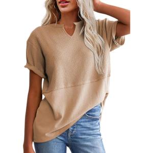 imageSHEWIN Womens Casual V Neck Waffle Knit Tops Short Sleeve T Shirts Loose BlousesB Parchment