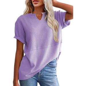 imageSHEWIN Womens Casual V Neck Waffle Knit Tops Short Sleeve T Shirts Loose BlousesB Purple