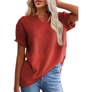 imageSHEWIN Womens Casual V Neck Waffle Knit Tops Short Sleeve T Shirts Loose BlousesB Red
