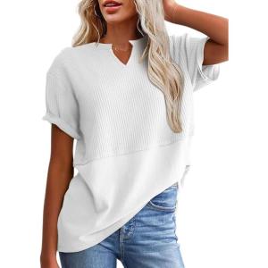 imageSHEWIN Womens Casual V Neck Waffle Knit Tops Short Sleeve T Shirts Loose BlousesB White
