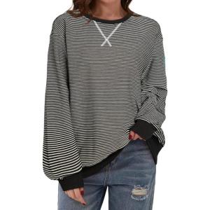 imageSHEWIN Womens Sweatshirt Striped Crew Neck Casual Long Sleeve Fall Tops for Women 2024Black and White Stripe