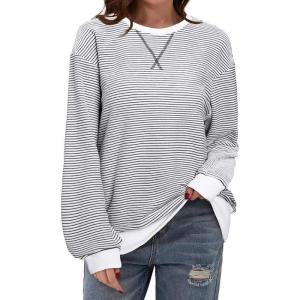 imageSHEWIN Womens Sweatshirt Striped Crew Neck Casual Long Sleeve Fall Tops for Women 2024White and Black Stripe