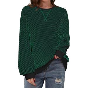 imageSHEWIN Womens Sweatshirt Striped Crew Neck Casual Long Sleeve Fall Tops for Women 2024White and Dark Green Stripe