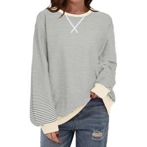 imageSHEWIN Womens Sweatshirt Striped Crew Neck Casual Long Sleeve Fall Tops for Women 2024White and Gray Stripe