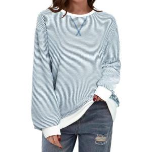 imageSHEWIN Womens Sweatshirt Striped Crew Neck Casual Long Sleeve Fall Tops for Women 2024White and Navy Blue Stripe