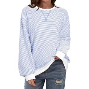 imageSHEWIN Womens Sweatshirt Striped Crew Neck Casual Long Sleeve Fall Tops for Women 2024White and Purple Stripe