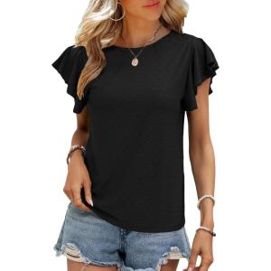 imageSHEWIN Womens Summer Tops Casual Ruffle Short Sleeve T Shirts Loose Dressy BlousesBlack