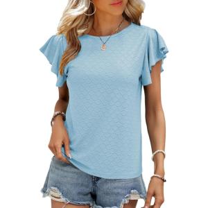 imageSHEWIN Womens Summer Tops Casual Ruffle Short Sleeve T Shirts Loose Dressy BlousesBlue