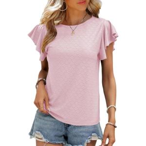 imageSHEWIN Womens Summer Tops Casual Ruffle Short Sleeve T Shirts Loose Dressy BlousesLight Pink