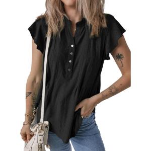 imageSHEWIN Womens Summer Tops Ruffle Short Sleeve Shirts Casual Button V Neck Loose BlousesBlack