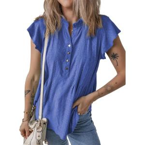 imageSHEWIN Womens Summer Tops Ruffle Short Sleeve Shirts Casual Button V Neck Loose BlousesBlue