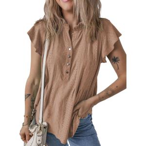 imageSHEWIN Womens Summer Tops Ruffle Short Sleeve Shirts Casual Button V Neck Loose BlousesBrown
