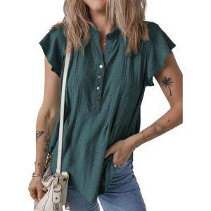 imageSHEWIN Womens Summer Tops Ruffle Short Sleeve Shirts Casual Button V Neck Loose BlousesDark Green