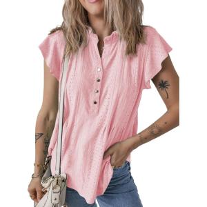 imageSHEWIN Womens Summer Tops Ruffle Short Sleeve Shirts Casual Button V Neck Loose BlousesLight Pink