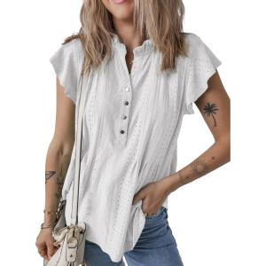 imageSHEWIN Womens Summer Tops Ruffle Short Sleeve Shirts Casual Button V Neck Loose BlousesWhite