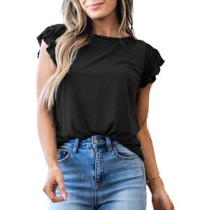imageSHEWIN Womens Shirts 2025 Summer Crewneck Ruffle Sleeve Tops Dressy Casual BlousesBlack