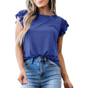 imageSHEWIN Womens Shirts 2025 Summer Crewneck Ruffle Sleeve Tops Dressy Casual BlousesDark Blue