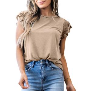 imageSHEWIN Womens Shirts 2025 Summer Crewneck Ruffle Sleeve Tops Dressy Casual BlousesKhaki