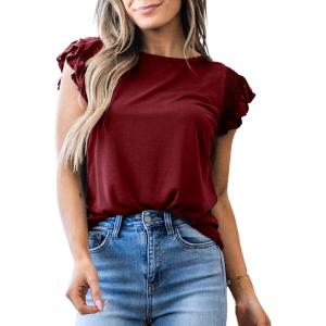 imageSHEWIN Womens Shirts 2025 Summer Crewneck Ruffle Sleeve Tops Dressy Casual BlousesRed
