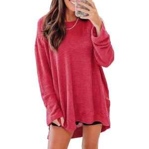 imageSHEWIN Long Sleeve Shirts For Women Crewneck Fall Shirts for Women Waffle Knit Tunic Tops1 Red