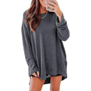 imageSHEWIN Long Sleeve Shirts For Women Crewneck Fall Shirts for Women Waffle Knit Tunic Tops3 Gray