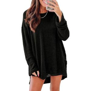 imageSHEWIN Long Sleeve Shirts For Women Crewneck Fall Shirts for Women Waffle Knit Tunic Tops4 Black