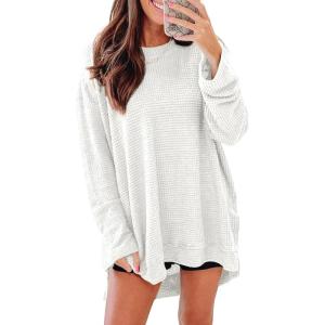 imageSHEWIN Long Sleeve Shirts For Women Crewneck Fall Shirts for Women Waffle Knit Tunic Tops5 White