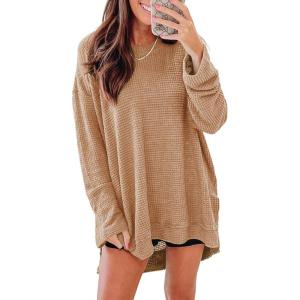 imageSHEWIN Long Sleeve Shirts For Women Crewneck Fall Shirts for Women Waffle Knit Tunic Tops6 Khaki