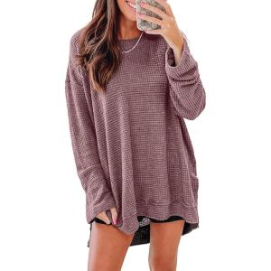 imageSHEWIN Long Sleeve Shirts For Women Crewneck Fall Shirts for Women Waffle Knit Tunic Tops8 Chicory Coffee