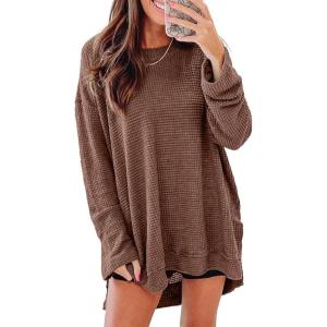 imageSHEWIN Long Sleeve Shirts For Women Crewneck Fall Shirts for Women Waffle Knit Tunic Tops9 Coffee