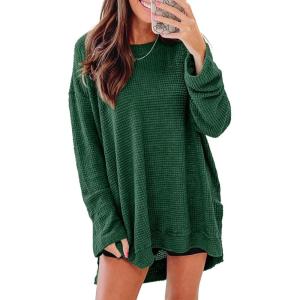 imageSHEWIN Long Sleeve Shirts For Women Crewneck Fall Shirts for Women Waffle Knit Tunic Tops9 Dark Green