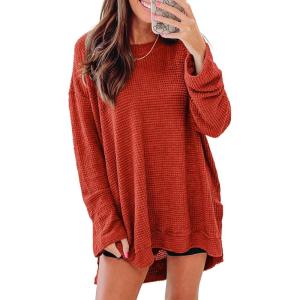 imageSHEWIN Long Sleeve Shirts For Women Crewneck Fall Shirts for Women Waffle Knit Tunic Tops9 Orange