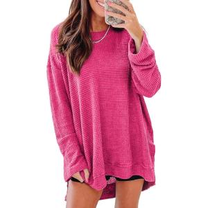 imageSHEWIN Long Sleeve Shirts For Women Crewneck Fall Shirts for Women Waffle Knit Tunic Tops9 Rose Red